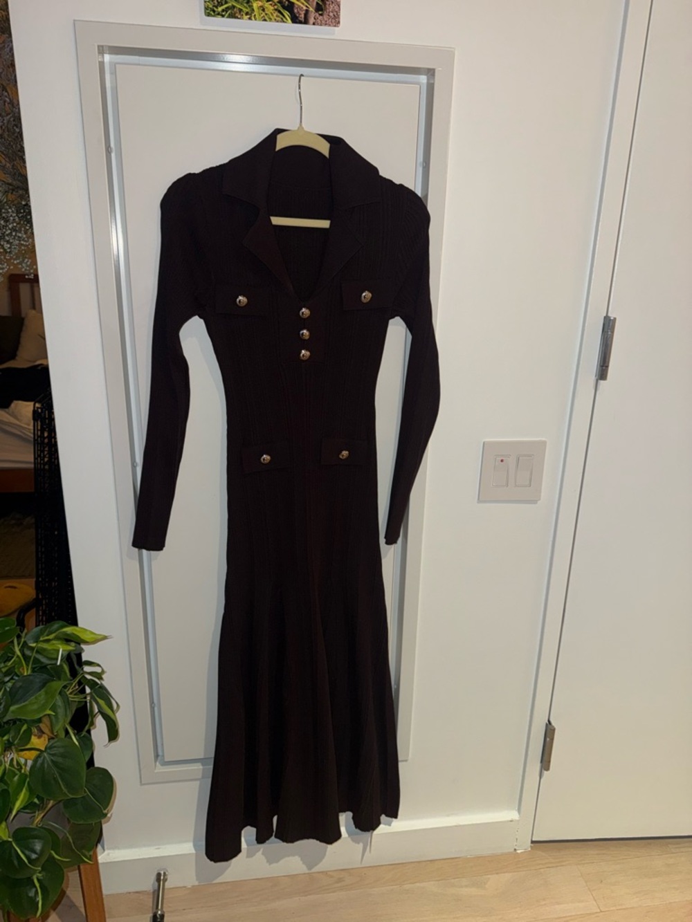 Commense Dark Brown Long Ribbed Button-Front Knit Dress